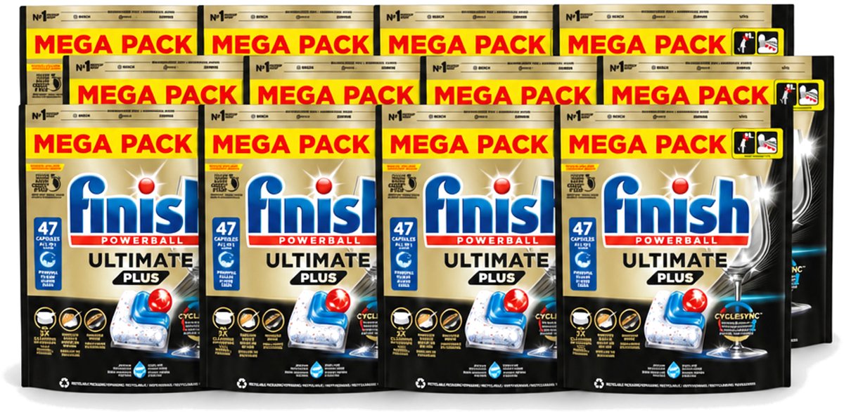 12 x Finish - Vaatwasmiddel - Ultimate Plus All in One Regular - Krachtige Alles-in-1 Reiniging - 47 capsules - Voordeelverpakking - 12 stuks