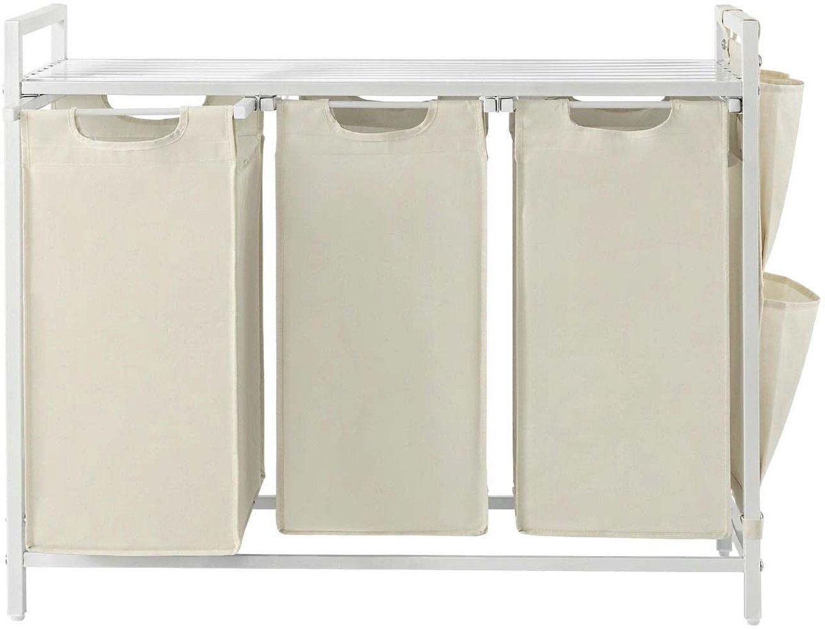 Wasmand Kledingverdeler 87,7 x 33 x 72 cm Wit 3 vakken van 40 L Met uittrekbare en afneembare voeringzak, zijvak en roosterplank Stevig metalen frame Geschikt voor wasruimte, badkamer en slaapkamer