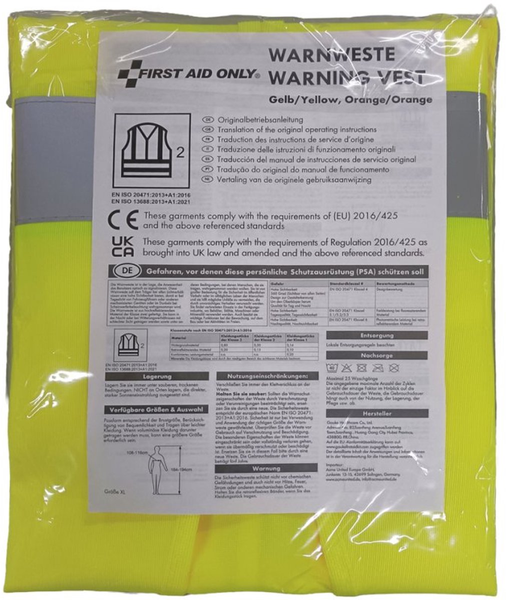 FIRST AID ONLY waarschuwingsvest, geel, reflecterend, EN ISO 20471