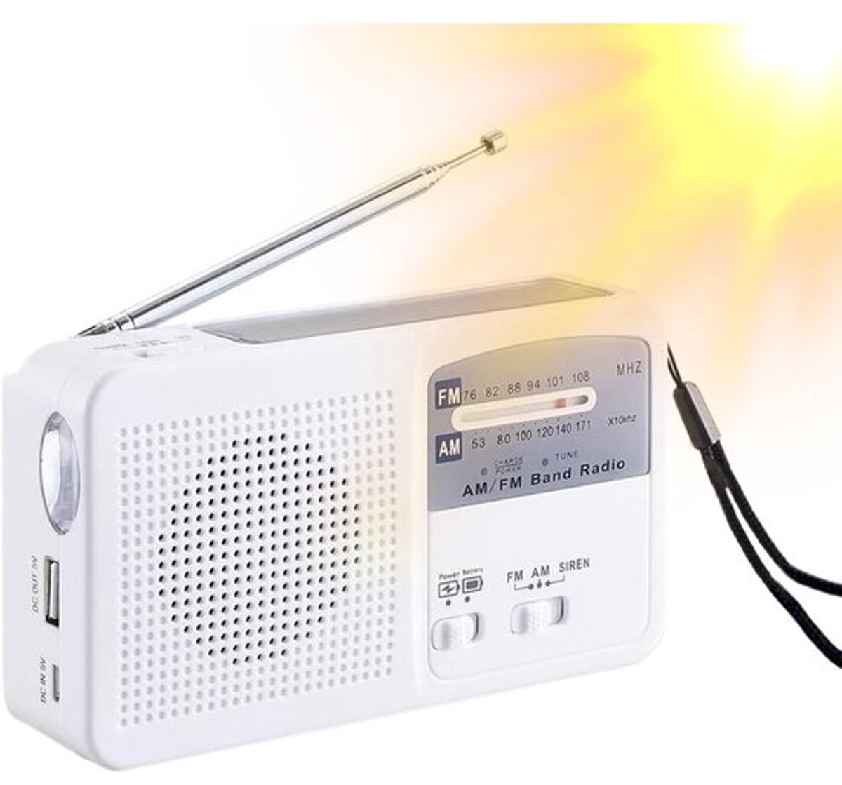 Draagbare radio - Ontvanger op zonne-energie - Voor kamperen en thuis - Met zaklamp - Compact formaat - Wit