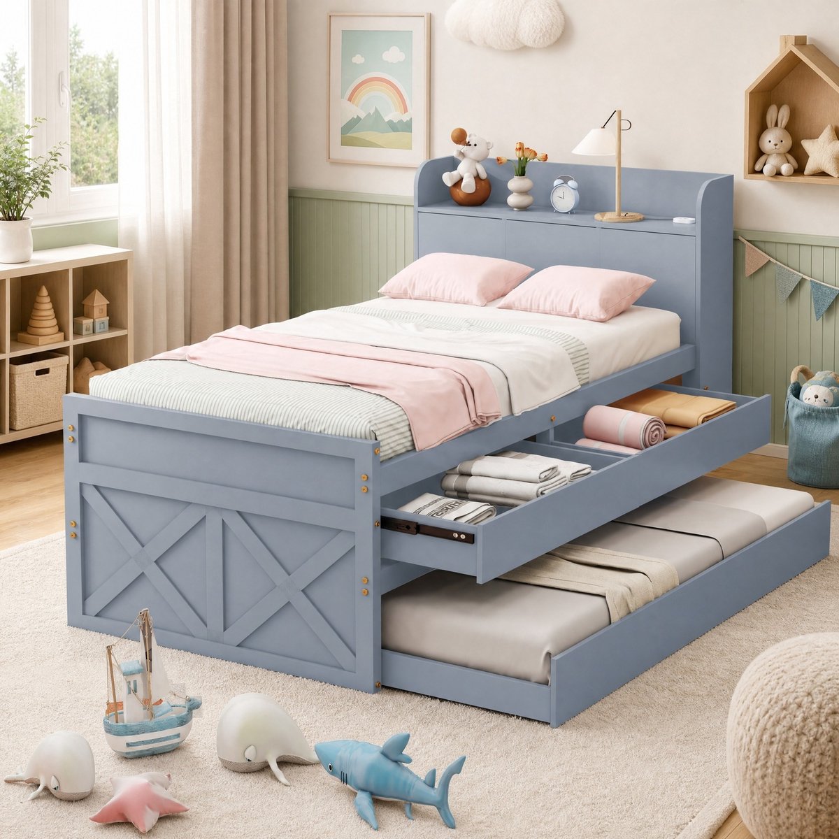 WUVRIE Eenpersoonsbed 90x190 cm met uitschuifbed, 2 lades, USB-aansluiting en lattenbodem, grijs