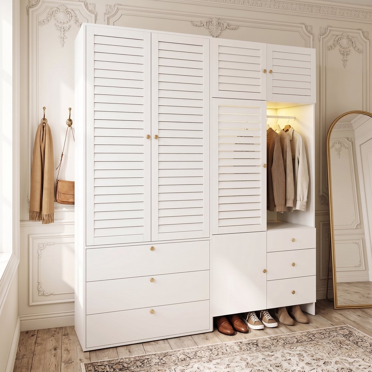 MIVRAY Kledingkast - LED Verlichting Met Wasmand En Zes Lades - Voor Slaapkamer En Garderobe - Spaanplaat - 180x50x200 Cm - Wit