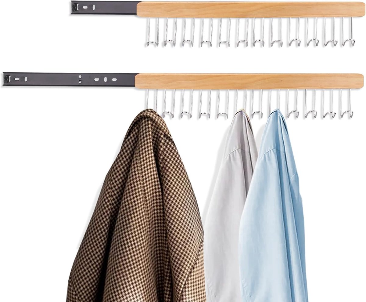 Set of 2 valet rods for cabinets, 12 hooks closet valet rod slide out, belt hanger wardrobe pole extender, bra - ShopVlot