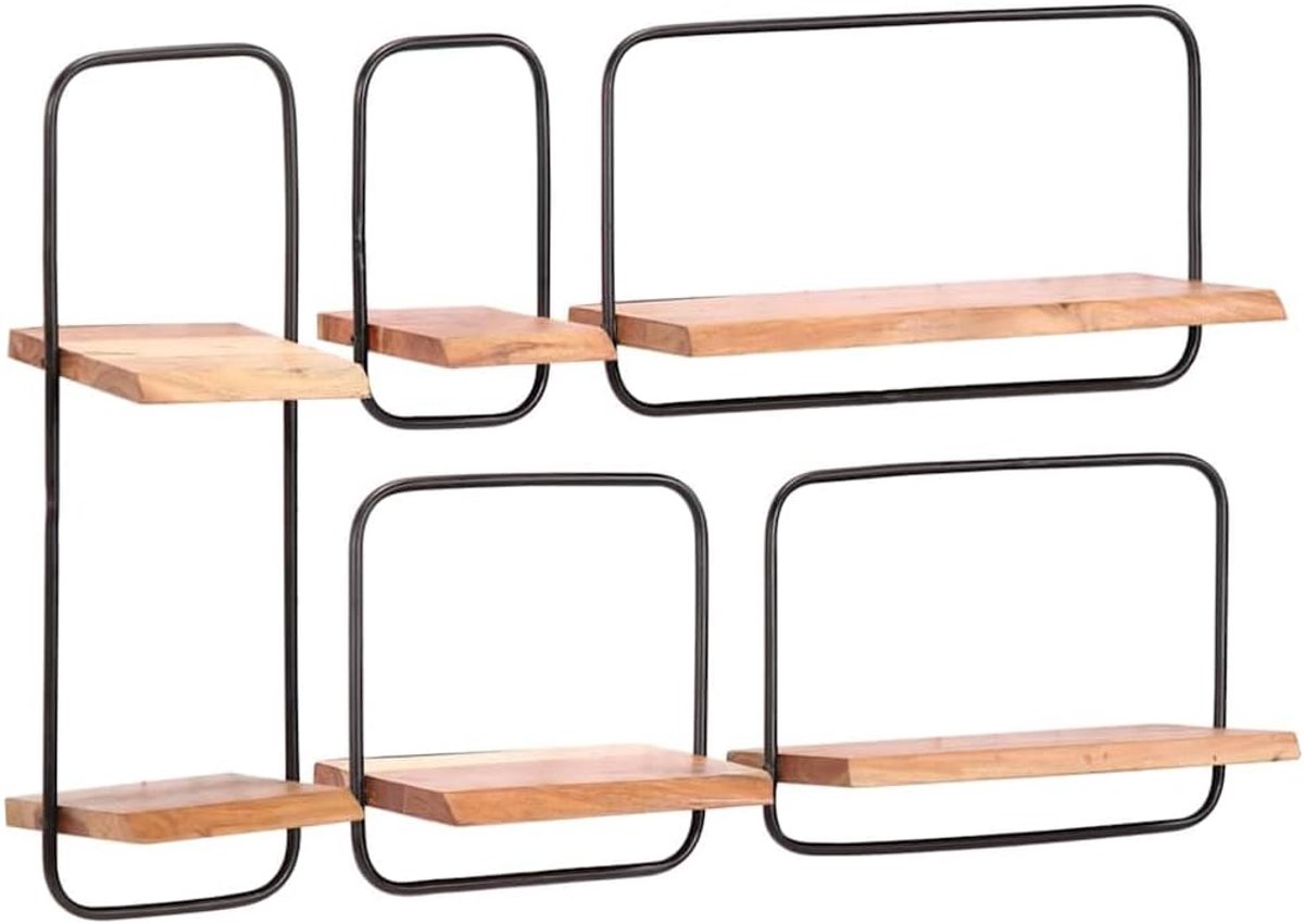 Set van 5 massief acaciahout, zwevend wandplank, wandplank met metalen houder, rustieke rand voor woonkamer, kantoor