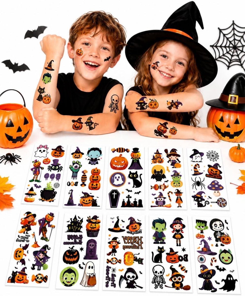 Halloween-tatoeages voor kinderen, 10 vellen, tijdelijke tatoeages, huidvriendelijke Halloween-stickers voor kostuums en feestdecoratie, ideaal voor griezelige fantasieën en optredens