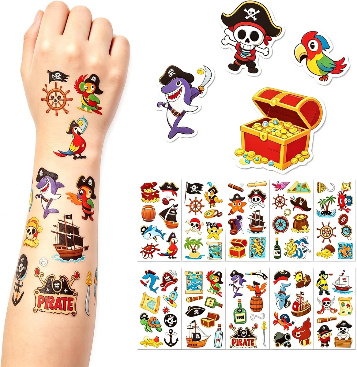 Set van 10 vellen met piratenmotieven voor themafeesten, Tijdelijke tattoos kinderen, leuke tattoostickers voor jongens en meisjes, Waterbestendige tattoos voor kinderen