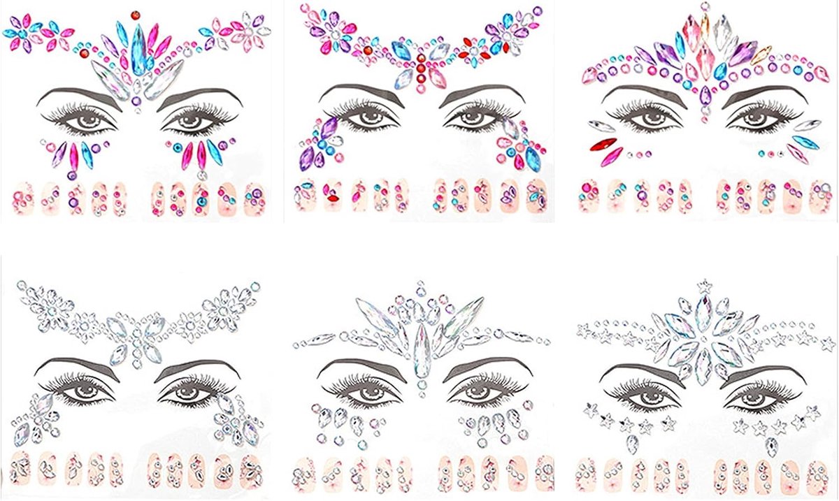 6 stuks gezichtsstick-ons & nagelstick-ons, strass-glitter voor de ogen, tijdelijke tatoeages voor het gezicht, sticks-ons voor muziekfestivals, rave-party's, Halloween, Kerstmis, verjaardagen