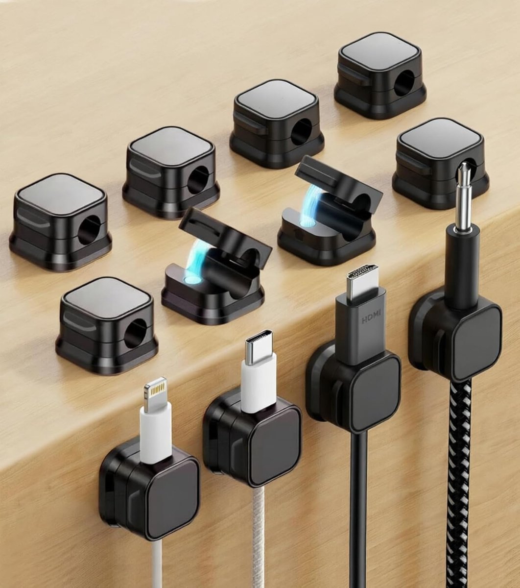 SnelShoppen - 12 Stuks Magnetische Kabelhouder Zwart, Zelfklevende Kabelclips voor Kabelbeheer, Eénhandig Gebruik voor USB, Oplader, HDMI en Audiokabe