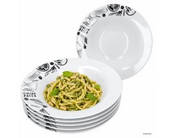 6-delige set RIGATONI pastaborden wit met decor en tekst in zwart van porselein
