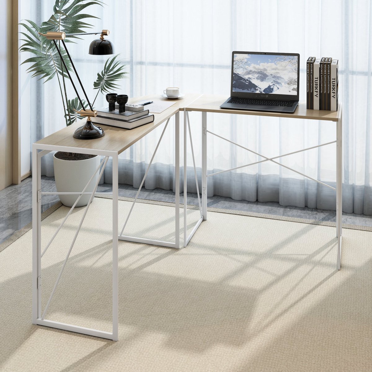 Merax Hoekbureau Met Houtkleurig Werkblad - Wit Metalen Onderstel - Ruimtebesparend Computerbureau - 119,5 x 119,5 x 75 cm