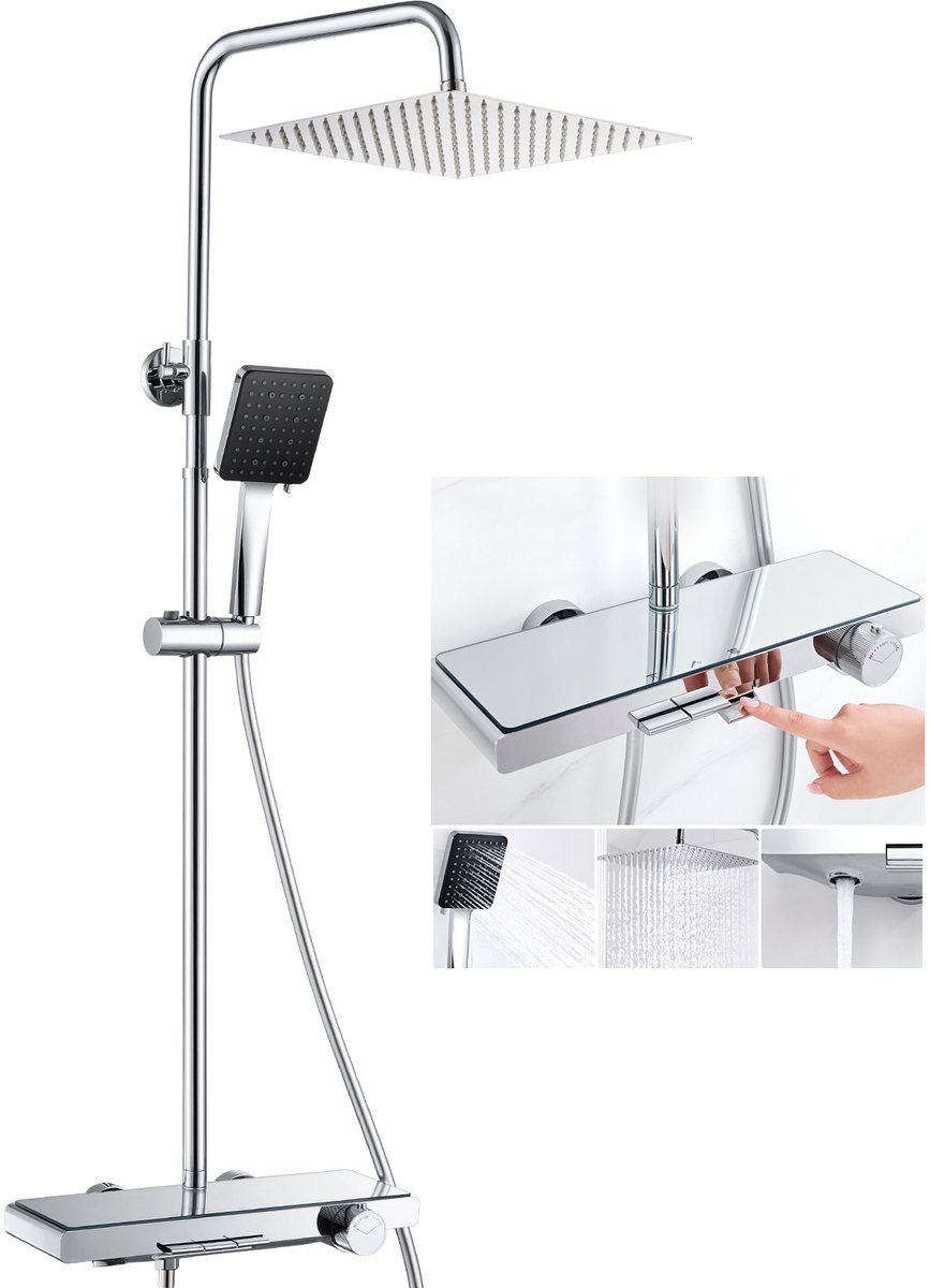 Auralum Max Luxe Thermostatische Doucheset met Pianotoetsen - 12 Inch RVS Regendouche - Geïntegreerde Onderkraan - Handdouche met 6 Straalstanden - Grote Opbergplaat & 1,5m Anti-twist PVC Doucheslang - Waterbesparend - Chroom