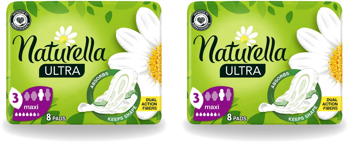 2 x Natur'ella - Ultra - Maandverband - Maxi - 8 Pads - Voordeelverpakking - 2 stuks