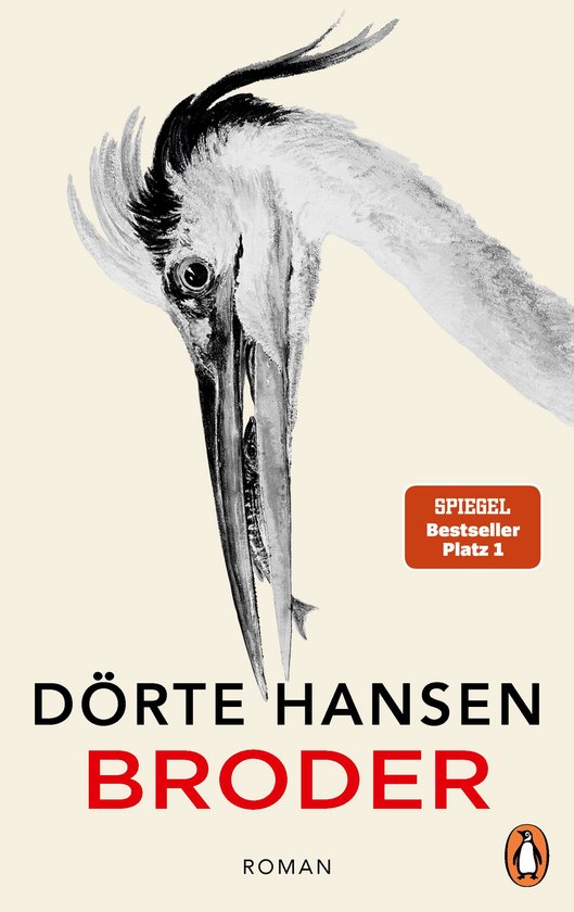 Boekcover met een zwart-wit schilderij van een reigerkop en de titel 'BRODER' in rode letters.
