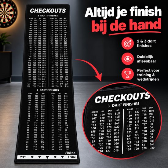 Dartmat met Oche & Checkout Tabel – 237 x 57 cm – Dartmat met Werplijn 2,37 m – 2 & 3 Dart Finishes – Antislip Dartmat – Zwart van Flokoo — afbeelding 4