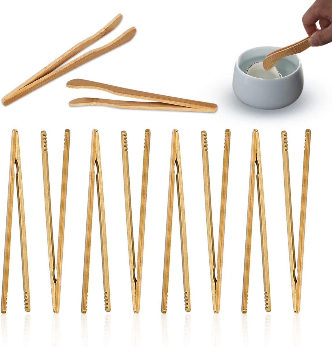 Bamboetangen 10-delig - Rechte en gebogen modellen - Natuurlijke bamboe - Ideaal voor barbecue en salades - ShopVlot