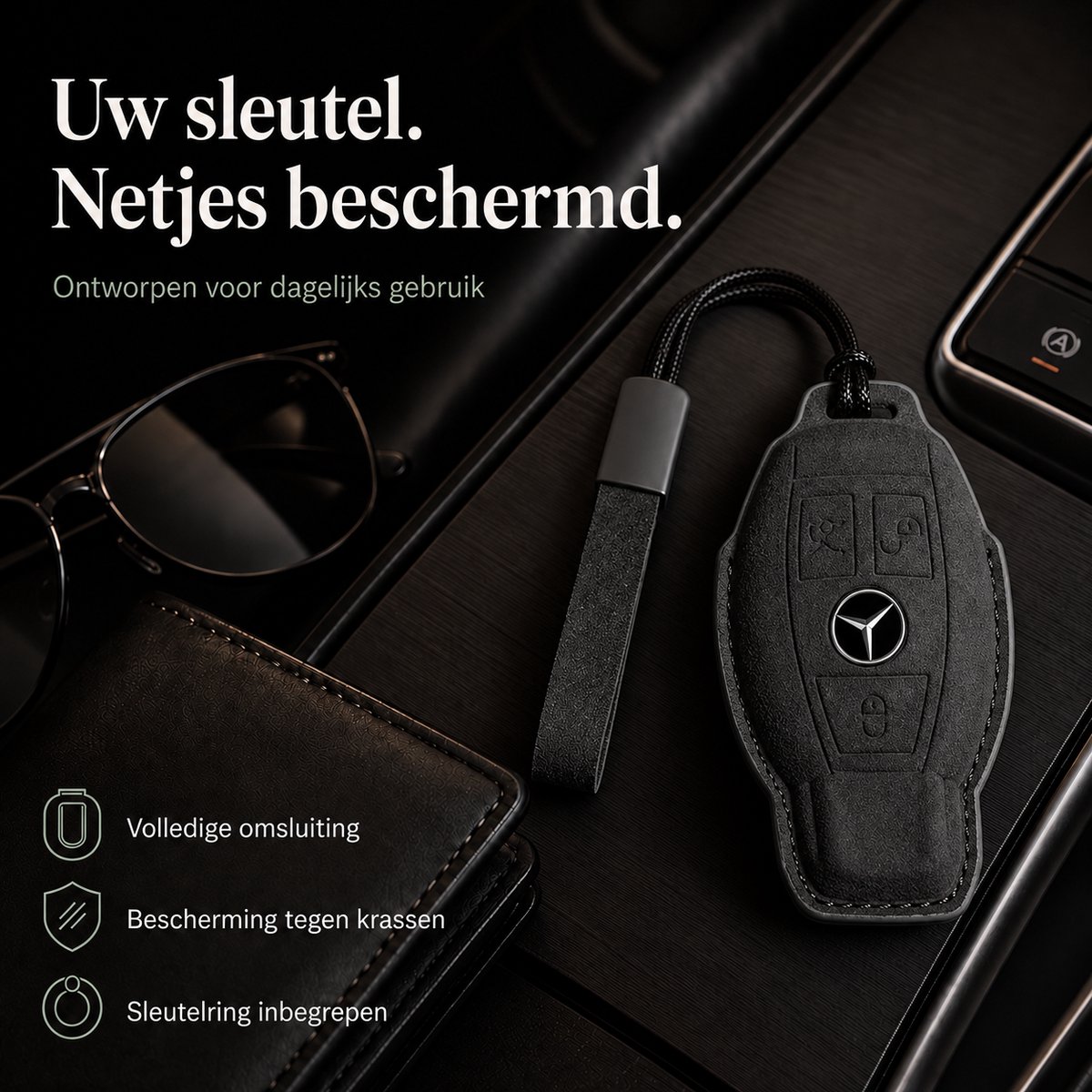 Zirkle Mercedes-Benz Autosleutelhoesje Type A Zwart – Luxe Suède-look Sleutelcover met Polskoord – Beschermhoes voor Mercedes C E S Klasse CLS GLC GLK – Krasbestendige 3D Key Case