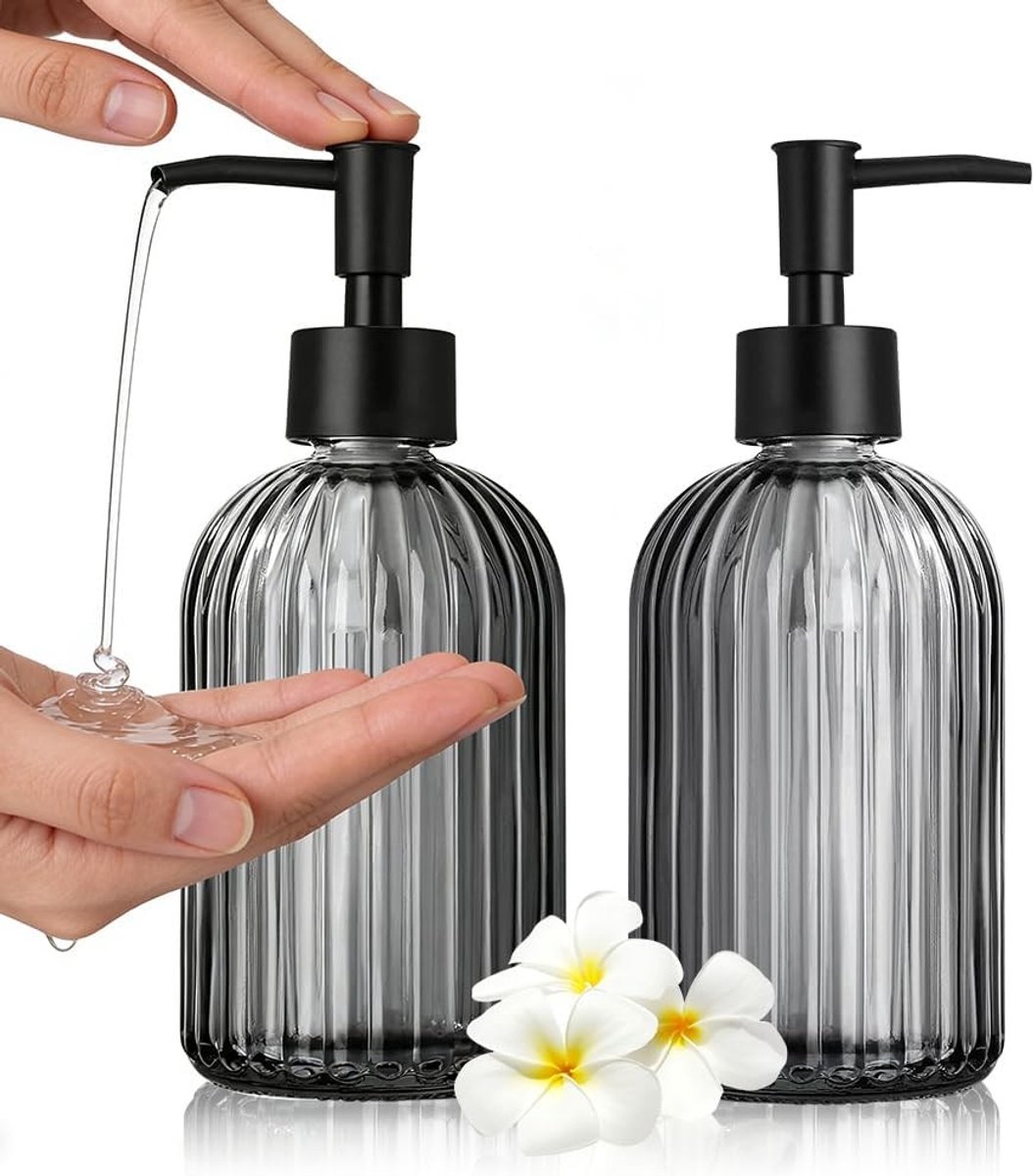 Set van 2 Glazen Zeepdispensers 400 ml - RVS Pomp, Modern Gestreept Design voor Badkamer en Keuken, Perfect voor Vloeibare Zeep en Afwasmiddel