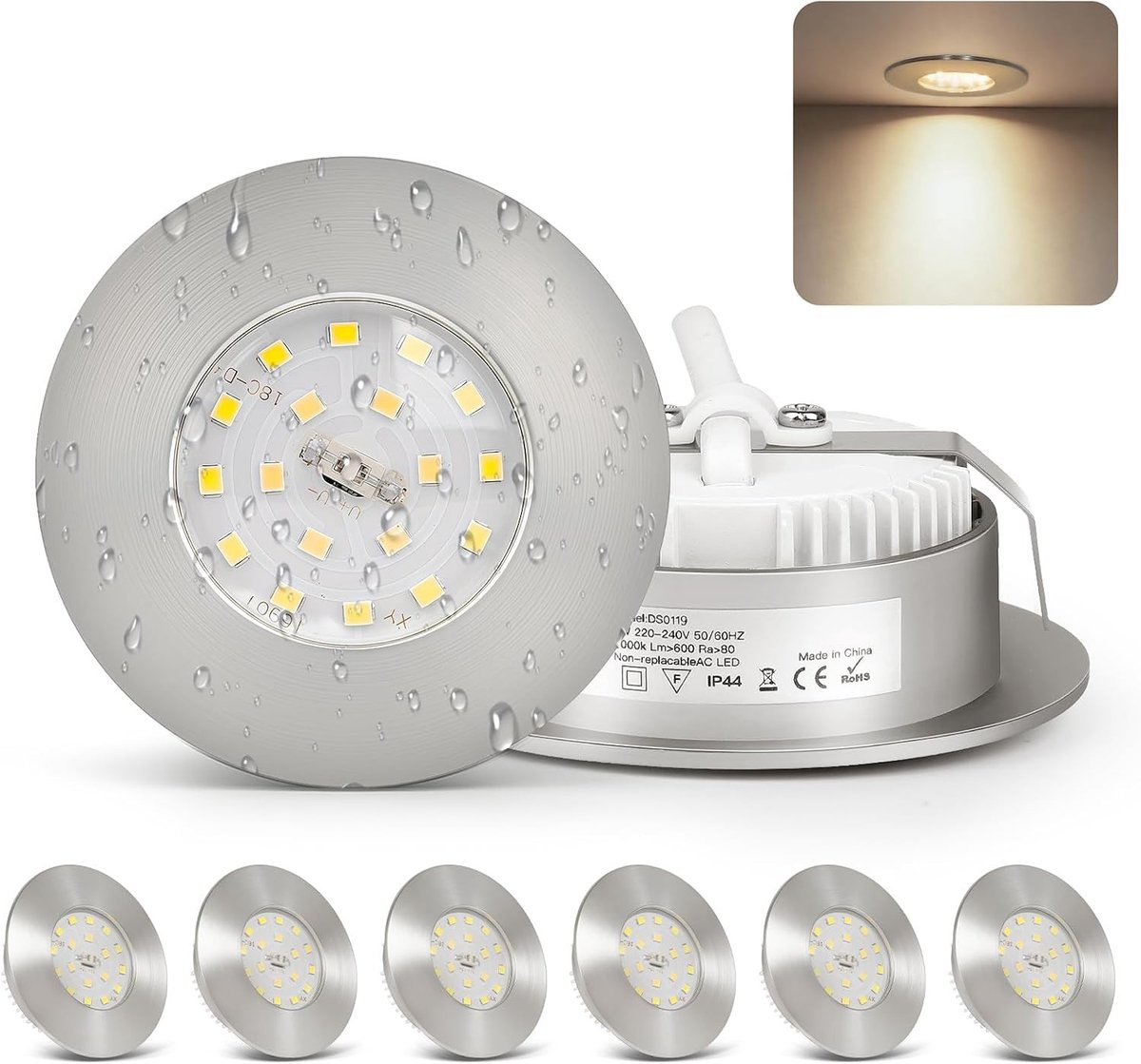 Ultra Flat LED Inbouwspot 230V 6W IP44 voor Badkamer en Keuken, 4000K Neutraal Wit, Set van 6 Mat Nikkel Spotlights