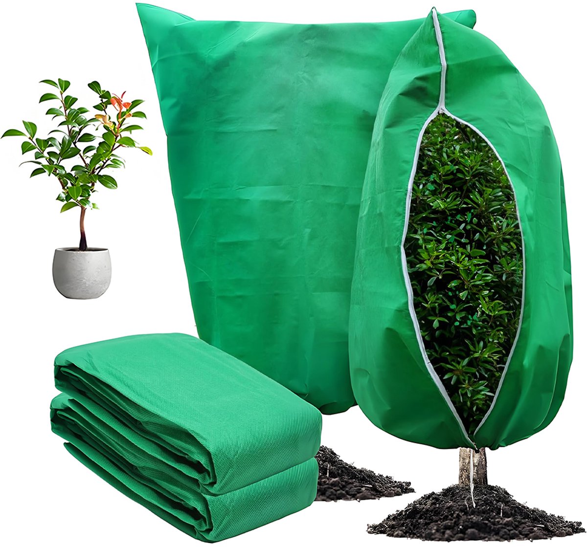 Plantbeschermhoezen - Tweedelige set - Vorstbeschermende plantenhoezen - Winterbeschermhoezen - Beschermhoezen voor bomen - Warm - Stofwerend - Bescherming tegen kou - Rits en elastisch trekkoord - 80 x 120 cm - Groen
