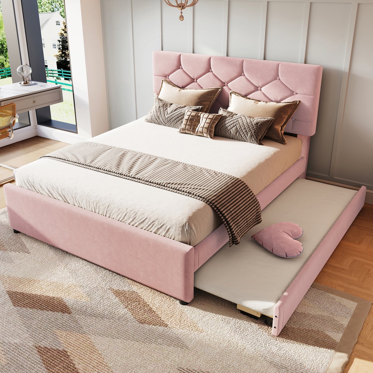 WUVRIE Gestoffeerd bed 140x200 cm met lattenbodem en uitschuifbed, roze
