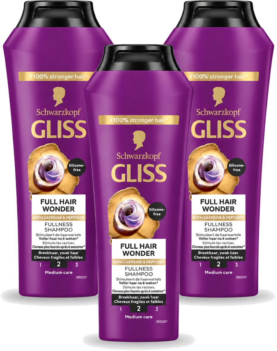 3 x Gliss Shampoo Full Hair Wonder - 250 ml - Voordeelverpakking - 3 stuks