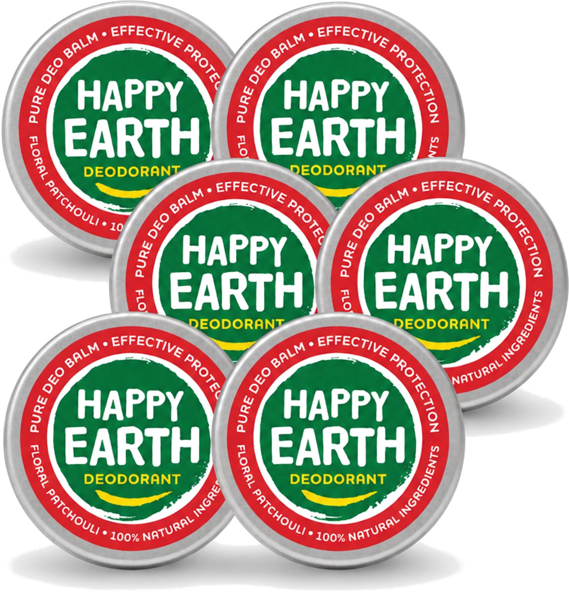 6 x Happy Earth – Deodorant Balm – 100% Natuurlijk Floral Patchouli – 45 g - Voordeelverpakking - 6 stuks
