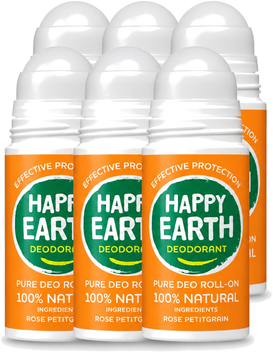 6 x Happy Earth – Deodorant Roll-On – 100% Natuurlijk Rose Petitgrain – 75 ml - Voordeelverpakking - 6 stuks
