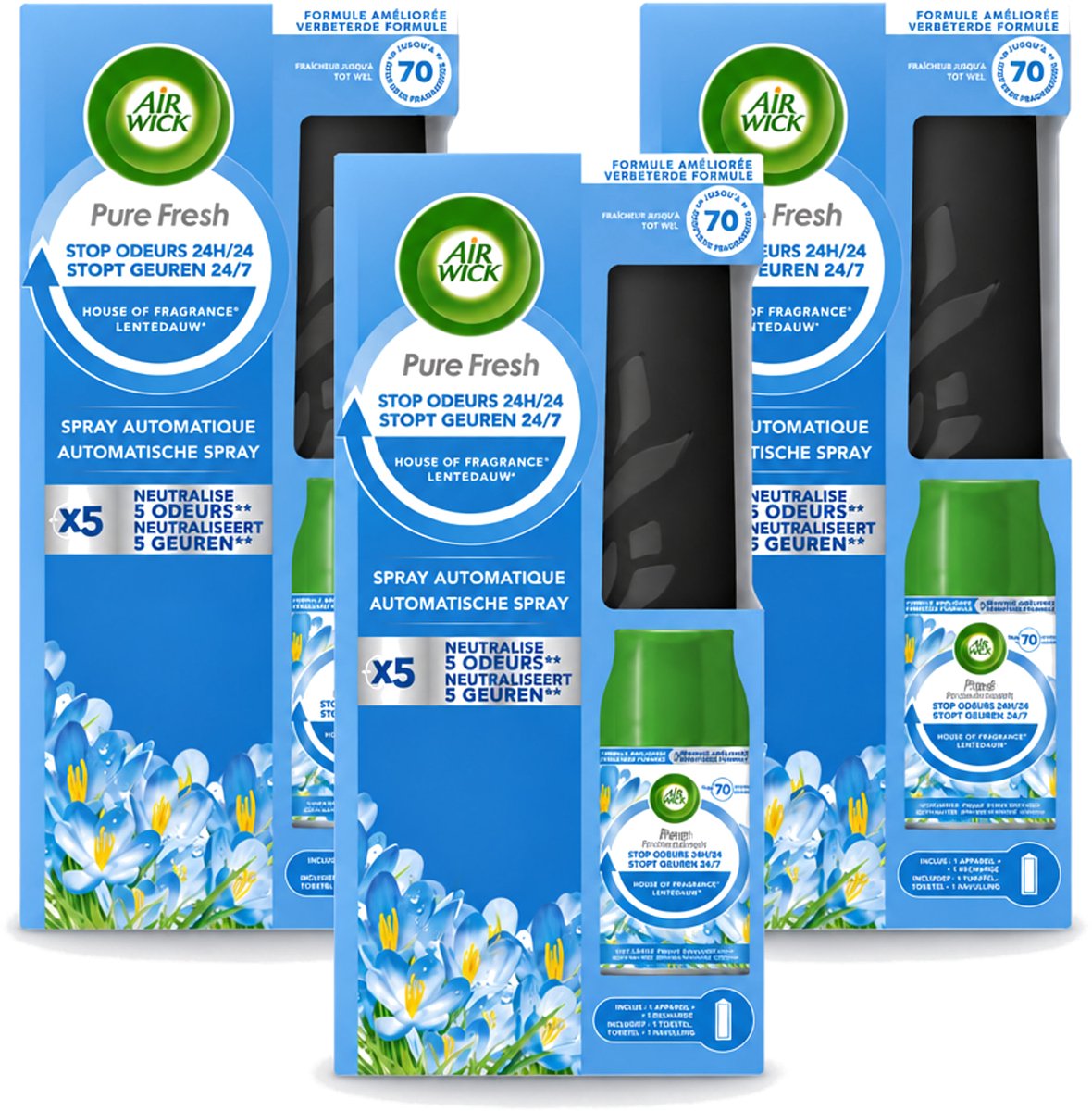3 x Air Wick - Freshmatic Spray - Starterkit - Pure Fresh Lentedauw - 250 ml - Voordeelverpakking - 3 stuks