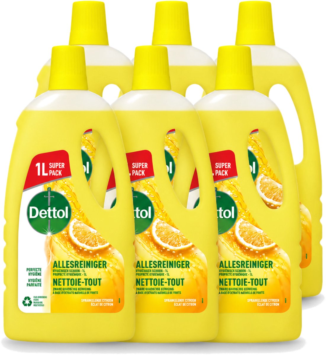 6 x Dettol - Allesreiniger - Citroen - Hygiënisch Schoon - 1 liter - Voordeelverpakking - 6 stuks