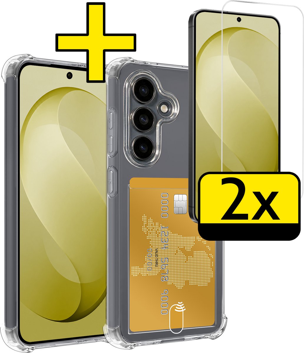 Hoesje - Geschikt voor Samsung Galaxy S26 FE - Met 2x Screenprotector - Pashouder - Kaarthouder - Telefoon Hoes Shockproof - Siliconen Case - Back Cover - Shock Proof - Pasjes Houder - Telefoonhoesjes - Transparant