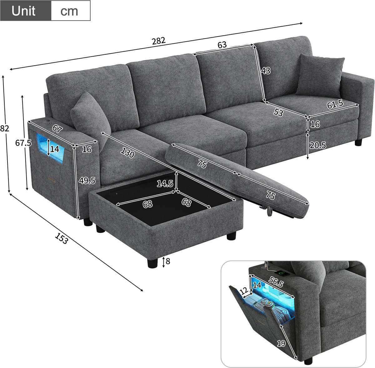 OKWISH Hoekbank 282 Bij 153 Cm - 4 Zits Met Opberghocker, Ledverlichting En Usb Type C - Woonkamer - Polyester - Grijs