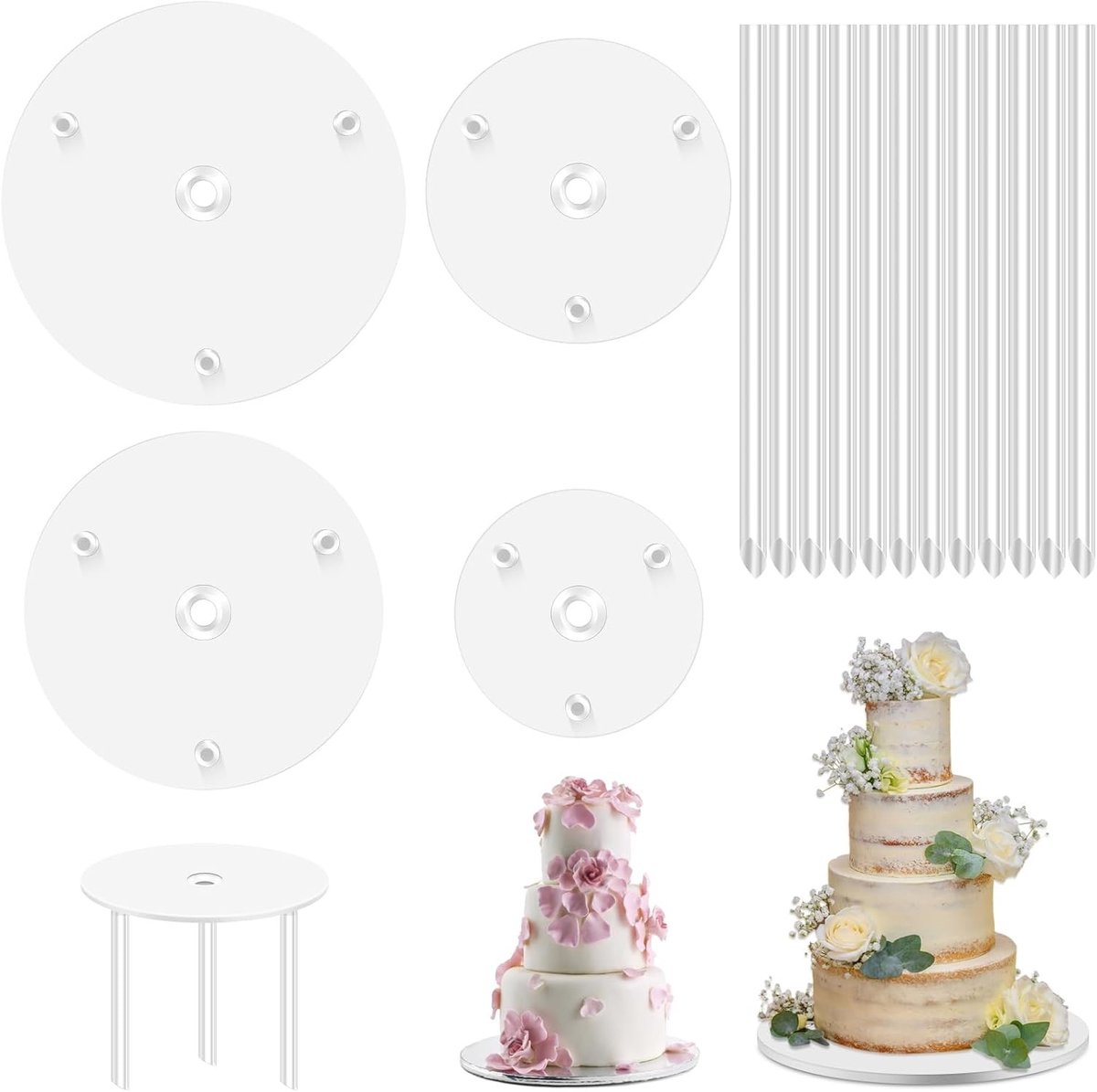 Verhoog de presentatie van je taarten met diverse cake standaards van 10 cm tot 25 cm, inclusief 4 cake boards en 12 cake plugs voor bruidstaarten en feestelijke laagjescakes.