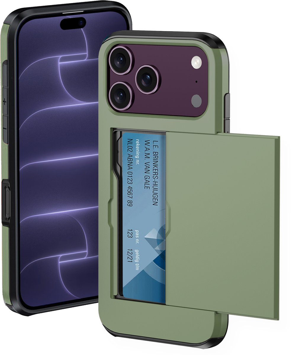Hoesje Geschikt voor iPhone 18 Pro Hoesje Met Pasjeshouder Hard Case Met Kaarthouder - Hoes Geschikt voor iPhone 18 Pro Hoesje Pashouder Case - Donkergroen