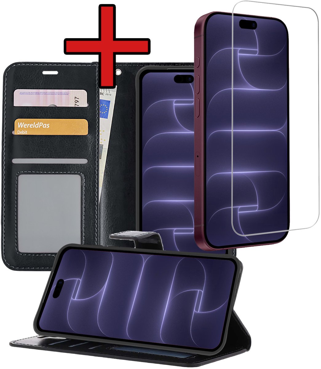 Hoesje - Met Screenprotector - Geschikt voor Apple iPhone 18 Pro Max - Luxe Pasjeshouder - Flipcase - Bookcase Portemonee - Flip Case - Kunstleer Book Case - Book Cover - Walletcase - Portemonneehoes - Telefoonhoes - Zwart