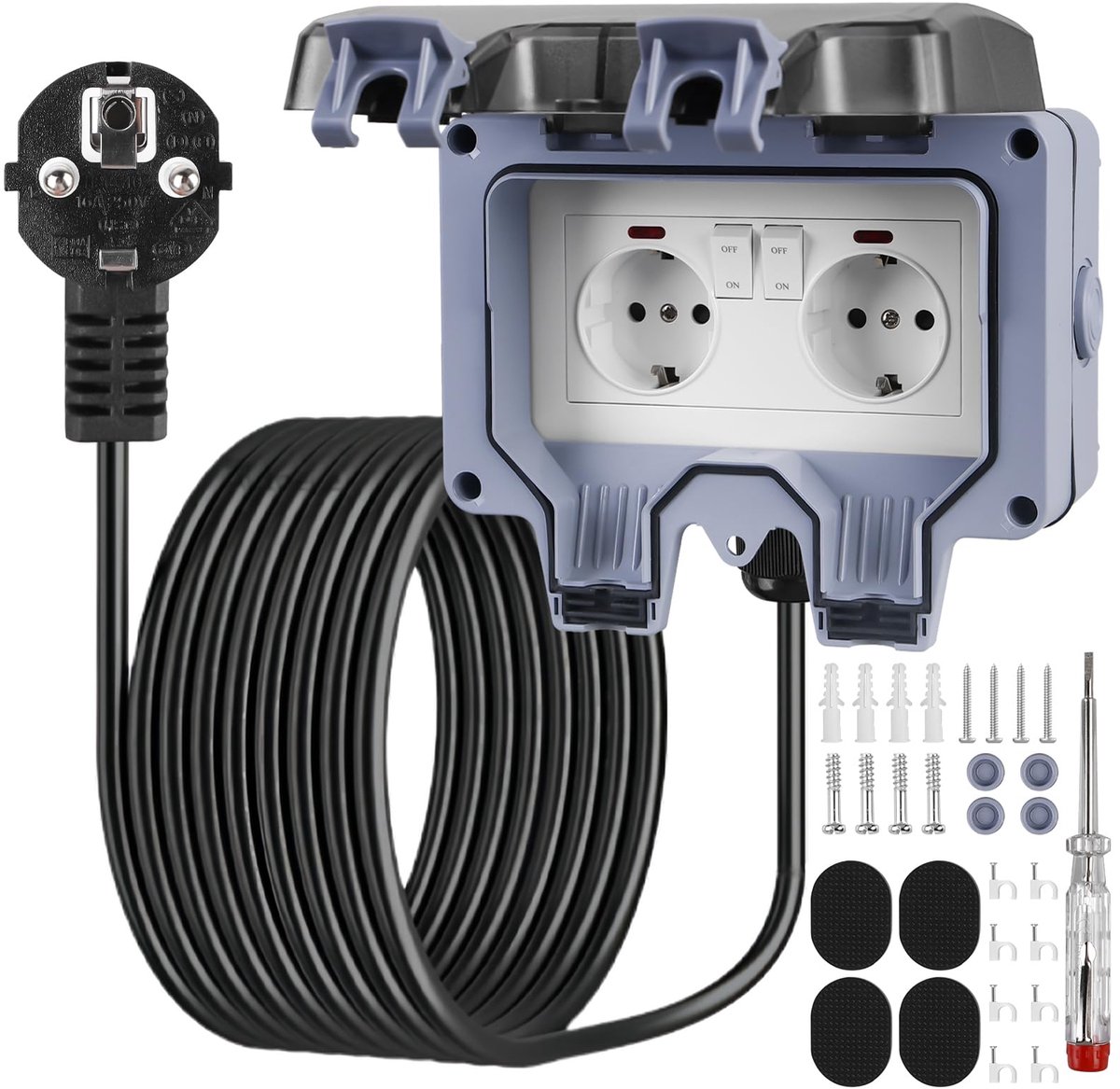 Buitenstopcontact, waterdicht IP66, dubbel stopcontact voor buiten met 5 m verlengkabel, schakelaar controlelampje - ShopVlot