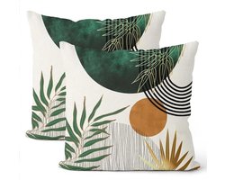 Boho-kussenslopen - set van 2 - Midden-eeuwse decoraties - met groengouden en tropische bladeren - Decoratieve linnen kussenslopen