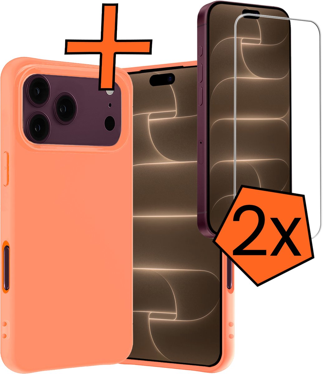Hoes - Met 2x Screenprotector - Geschikt voor Apple iPhone 18 Pro - Sterk & Shockproof - Back Cover - Siliconen Case - Telefoon Hoes - Perzik