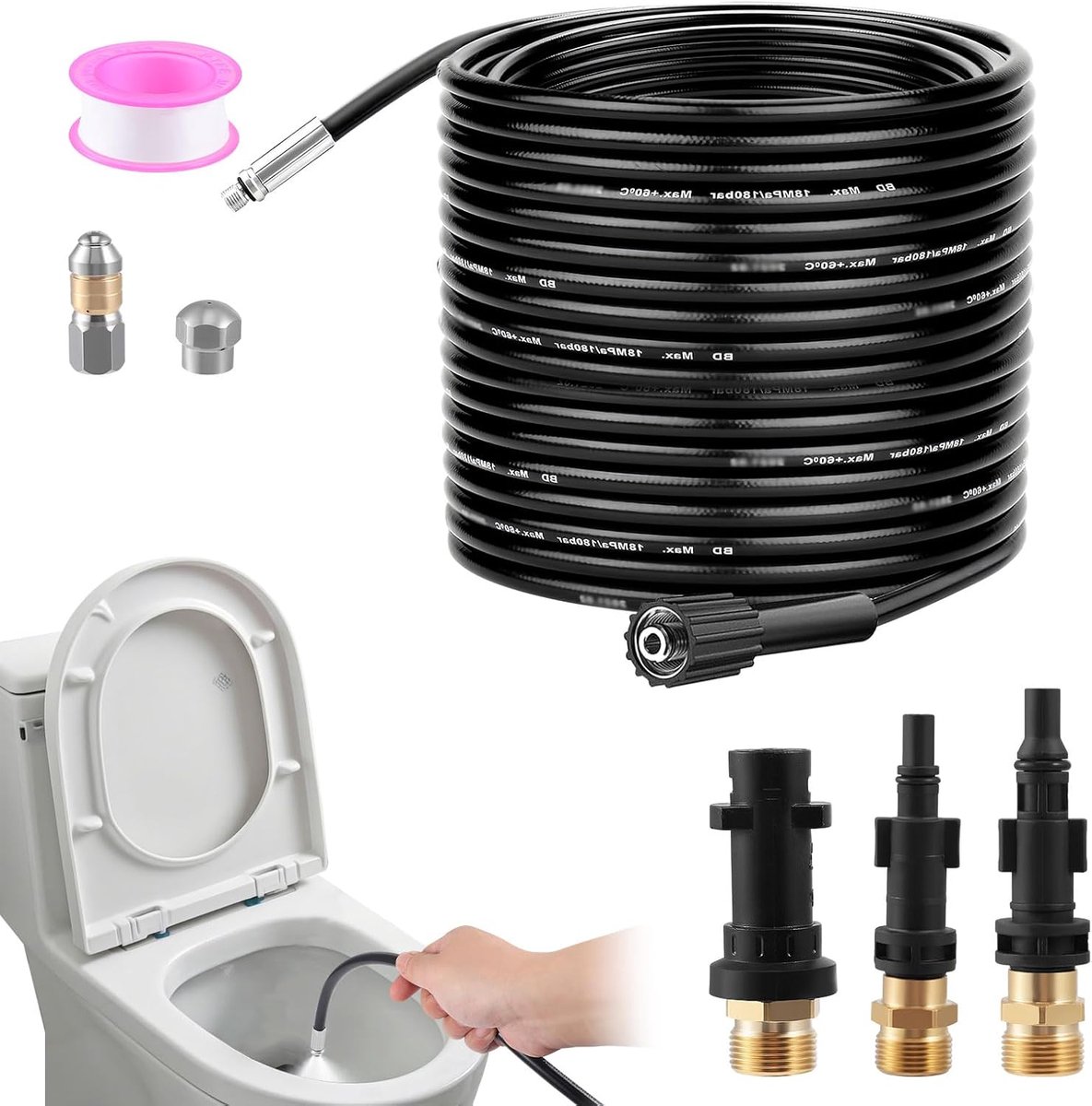 Pipe Cleaning Hose 15 m, High Pressure Cleaning Hose, 210 Bar, 60 °C, with Adapter, Sprayers Rigid + Rotary, Bag, Hose - ShopVlot