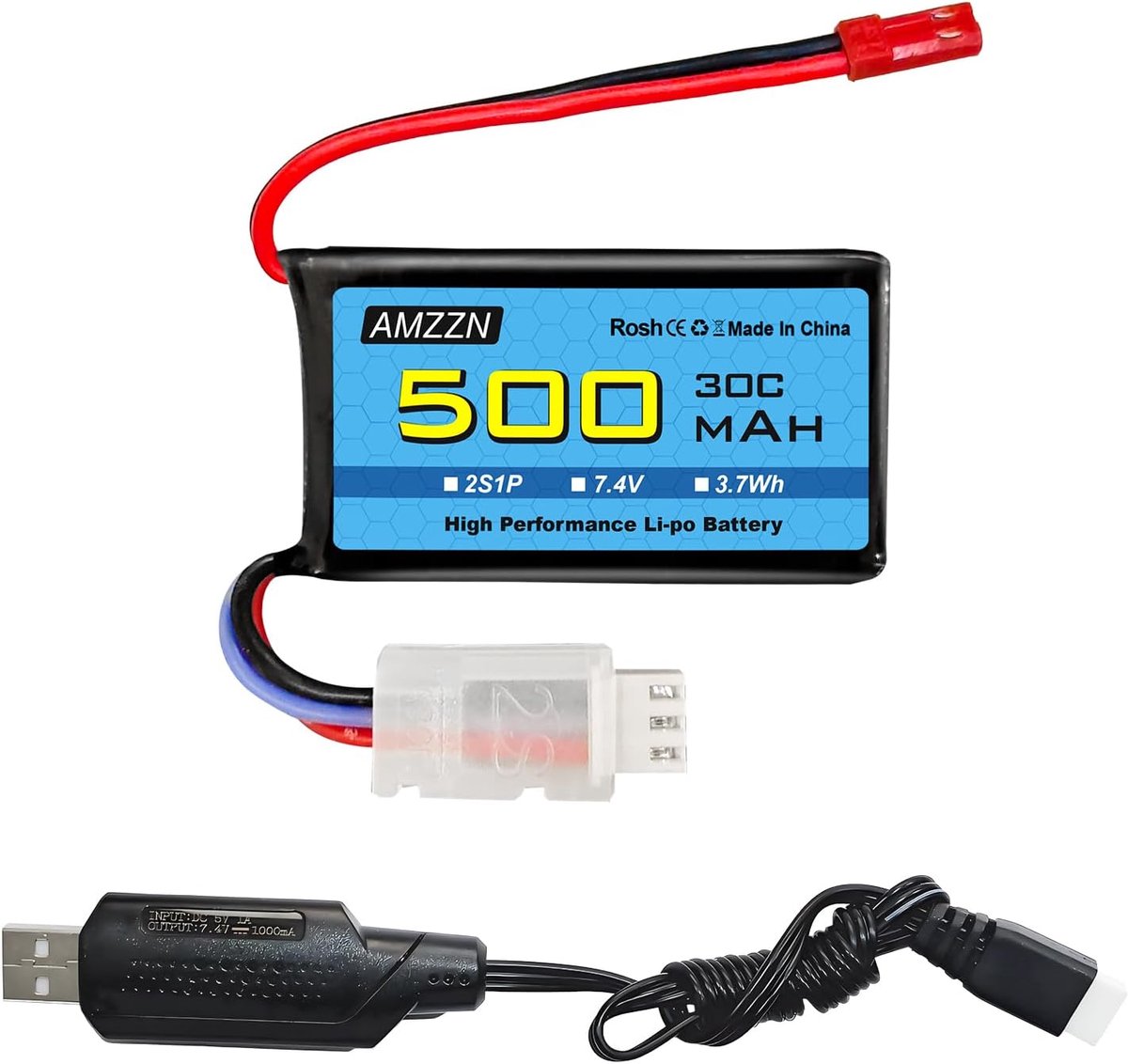 7.4V 500mAh 30C JST-2P Plug Lipo Battery with USB Charging Cable for Helicopter Remote Control Quadcopters, Micro FPV - ShopVlot