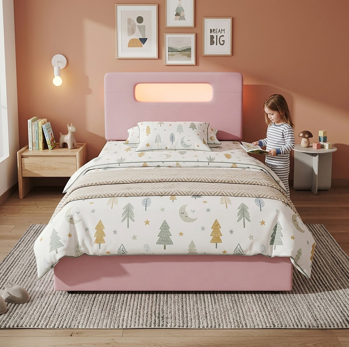 STILVORA Kinderbed 90x200cm – 4 Laden En LED-Verlichting Met Appbediening – Open Opberghoofdbord – Stof – Roze – Zonder Matras
