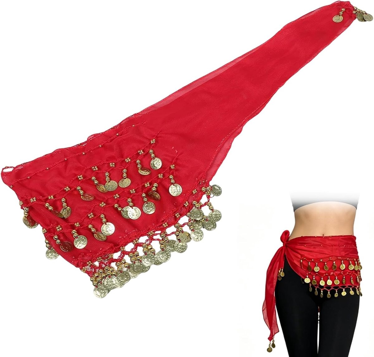Chiffon heupdoek in rood met 72 munten – Perfect voor buikdansen, dansperformances en yogalessen met stijl en flair