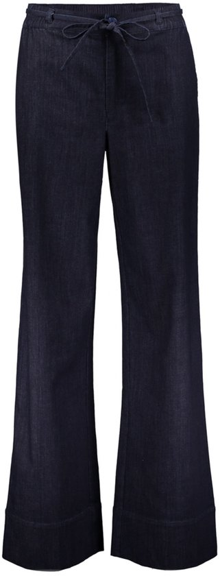 Donkerblauwe jeans met wijde pijpen, elastische taille en trekkoord.