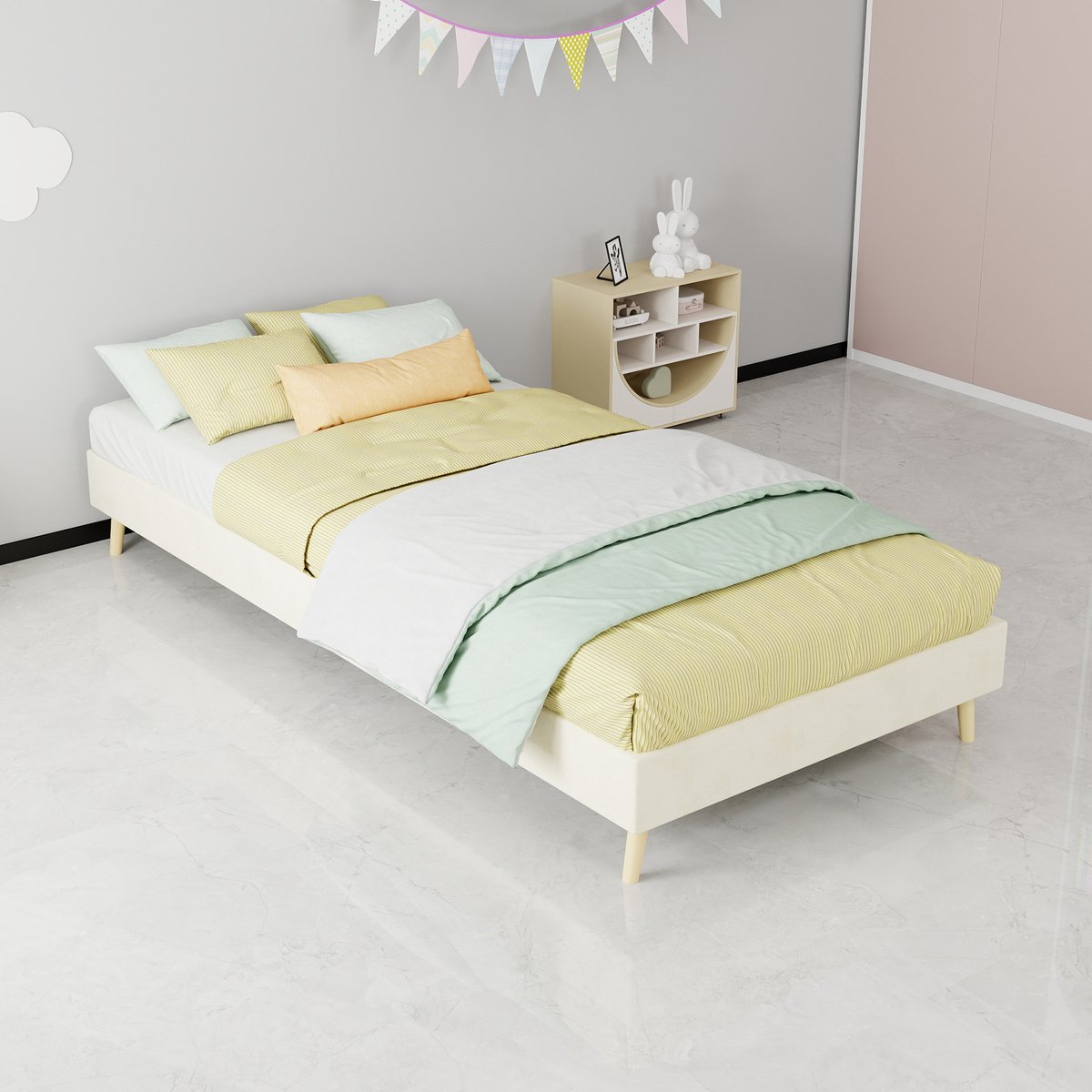 AURA LUMEN-Gestoffeerd bed-Eenpersoonsbed-90 x 200 cm-Lage constructie-Modern design-Beige