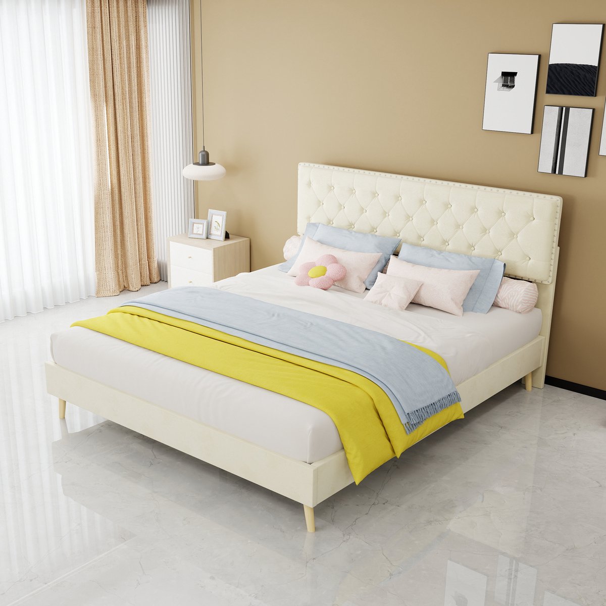 AURA LUMEN-Gestoffeerd bed-Tweepersoonsbed-160 x 200 cm-Opbergbed met hoofdbord-Beige