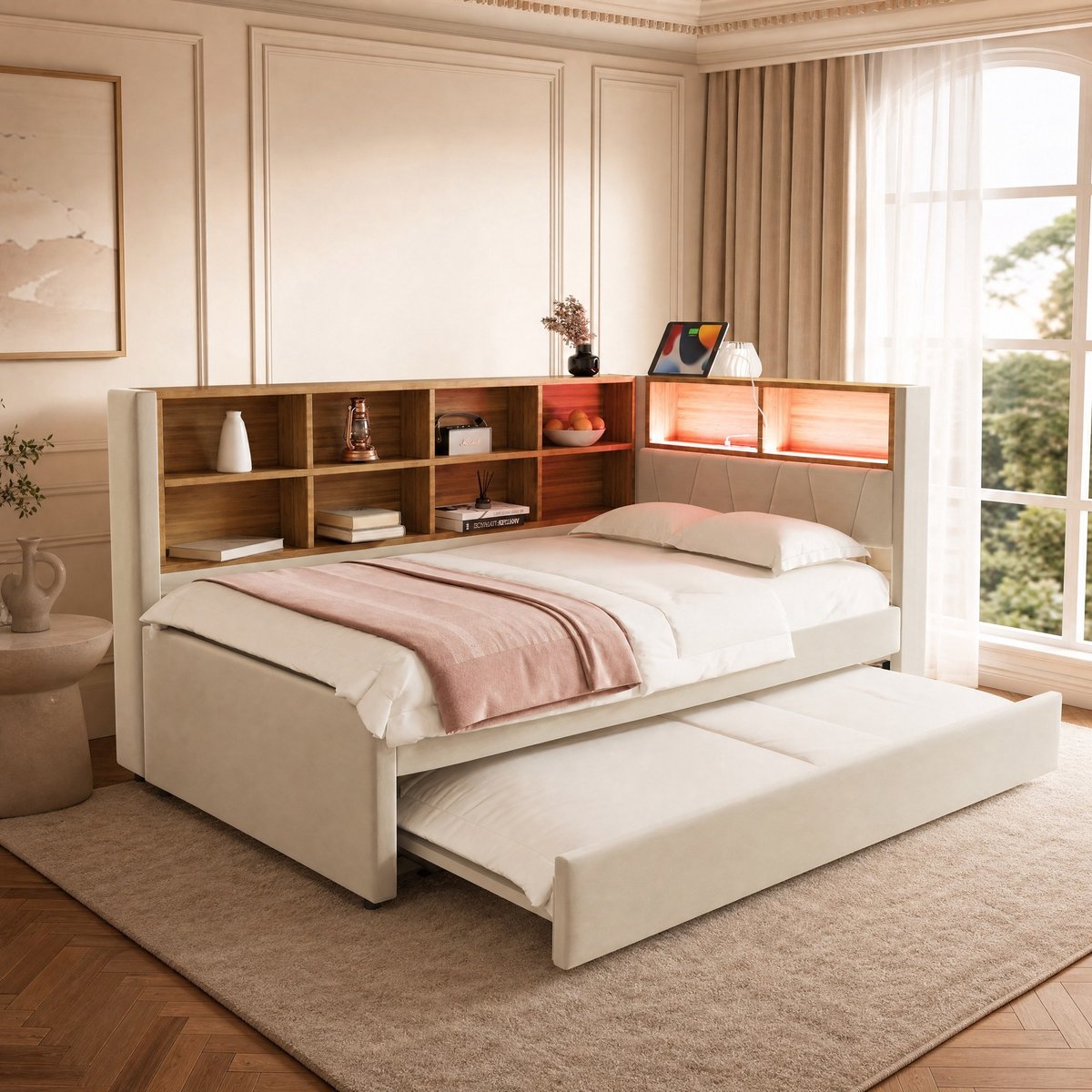 WUVRIE Slaapbank 90x200 cm met uitschuifbed 90x190, LED, laadpunten en opbergruimte, beige