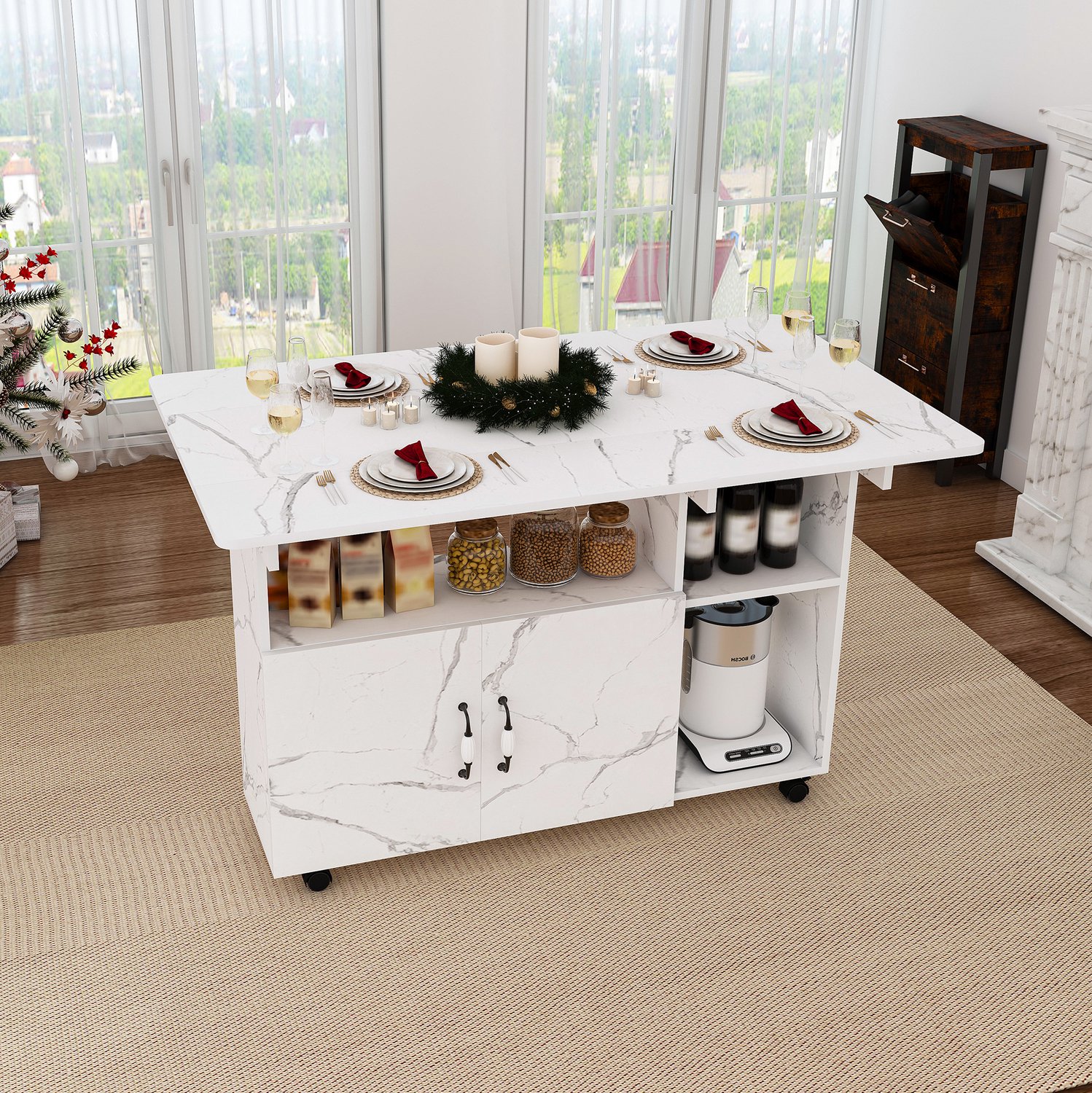 MODENUIT Eettafel - Opklapbaar Met 5 Wielen - Voor Keuken En Kantoor - Wit Marmerlook - 110x70x80 Cm Wit met marmerlook