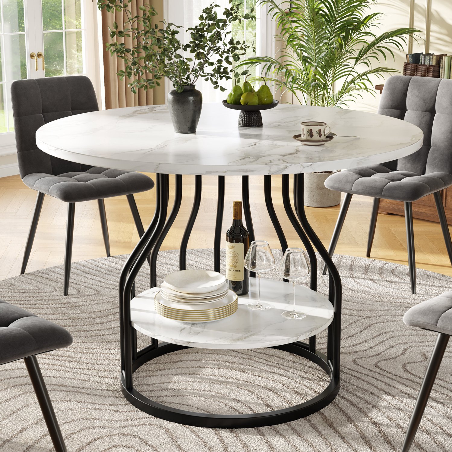 Maisentiel Ronde eettafel 80 x 80 x 76 cm – zwart – MDF-blad met marmerlook en opbergruimte