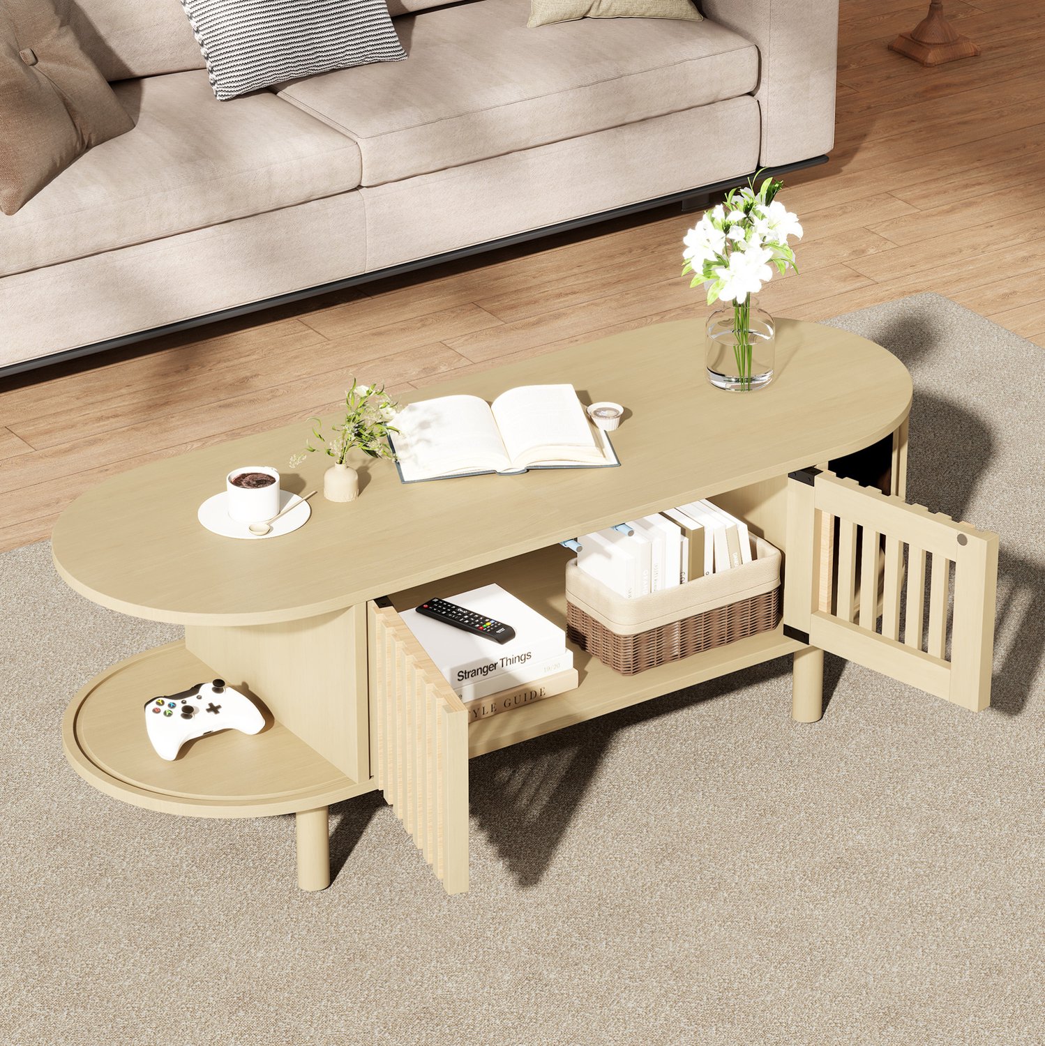 MODENUIT Salontafel - Ovaal Met Schuifdeur - Voor Woonkamer - MDF En Hout In Lichte Houtkleur - 100x40x38 Cm Licht houtkleur