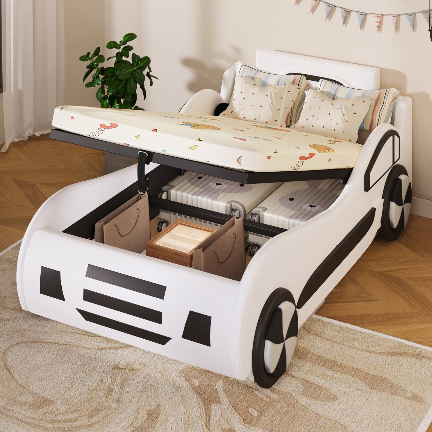 MODFU Kinderbed - Autobed Met Lattenbodem En Opbergruimte - MDF En PU - Wit - 90 × 200 Cm