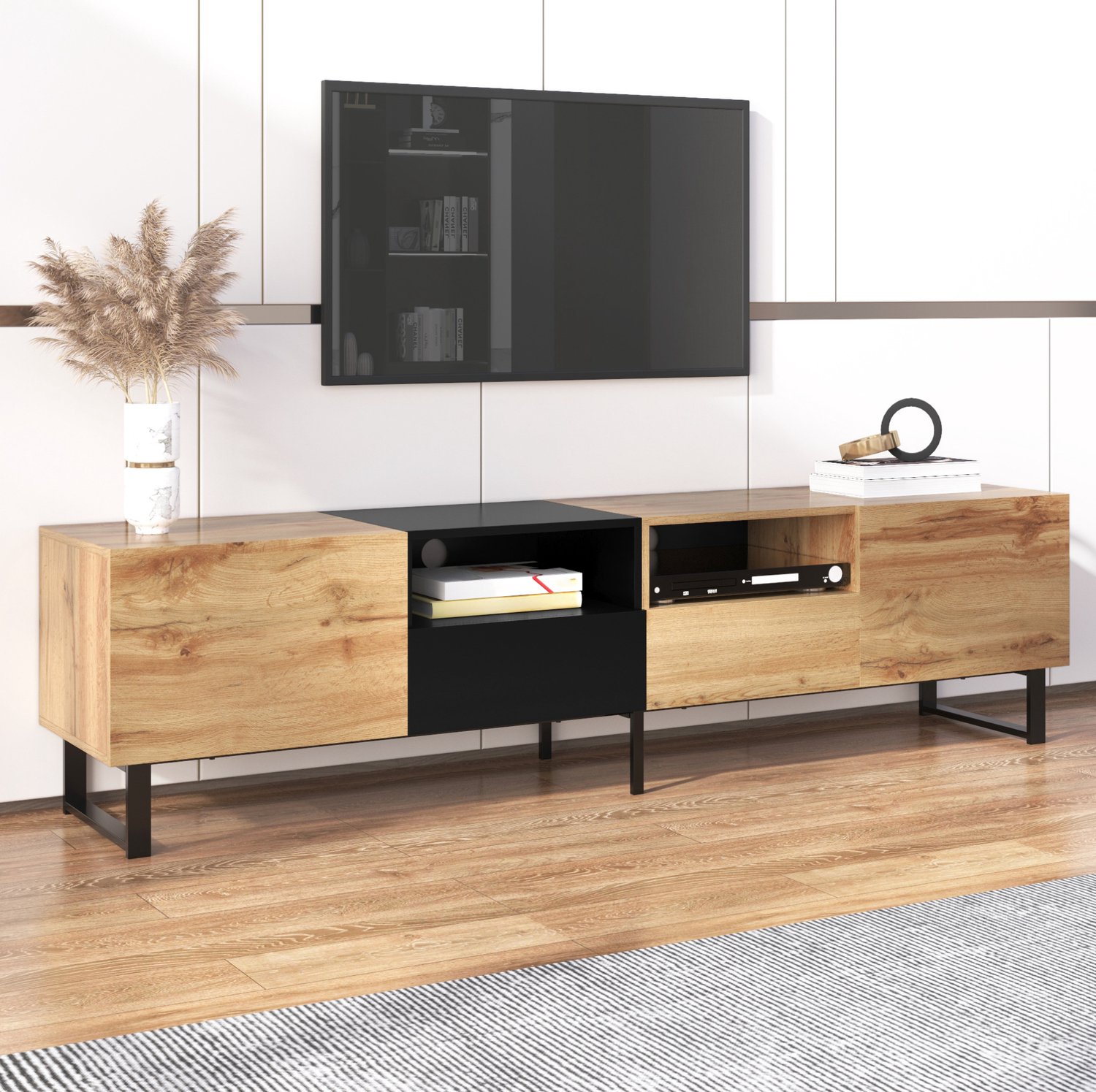 Maisentiel Tv-meubel 190 cm - zwart en houtkleurig - met 2 deuren en 2 lades